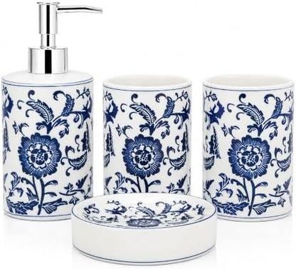 4 Piece Blue and White Ceramic Bathroom Accessories Set, Chinoiserie Floral Soap Dispenser, 2 Toothbrush Holders/Tumblers and Soap Dish, Porcelain Style Bath Countertop Decor