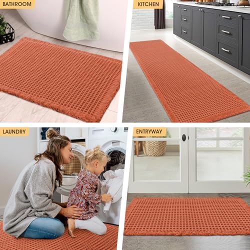 IM HOME Waffle Bath Mat Burnt Orange 24"x17", Boho Woven Modern Bath Mat Rugs, Absorbent Non Slip Bathroom Rugs, Soft Washable Bath Rugs with Tassels for Bedroom, Kitchen, Shower, Tub