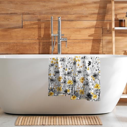 Spring Floral Hand Towels 14x28 Inch Set of 2 Watercolor Grey Yellow Wildflowers Absorbent Soft Dish Washing Cloth Tea Towels for Home Kitchen Bathroom Gym Hotel Spa Decor