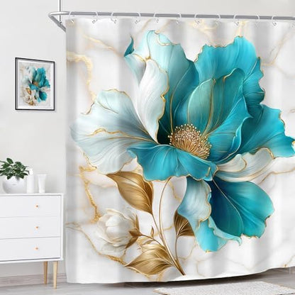 Teal Gold Marble Floral Turquoise Abstract Art Bathroom Shower Curtain Set