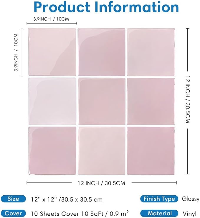 Thicker 3D Peel and Stick Backsplash Tiles, 10 Pcs 12" x 12" | Pink, 10 Pcs 12" x 12", Glossy Self Adhesive Decorative Vinyl Backsplash Wall Sticker, Cover 10 sq ft，Removable，Waterproof