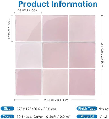 Thicker 3D Peel and Stick Backsplash Tiles, 10 Pcs 12" x 12" | Pink, 10 Pcs 12" x 12", Glossy Self Adhesive Decorative Vinyl Backsplash Wall Sticker, Cover 10 sq ft，Removable，Waterproof