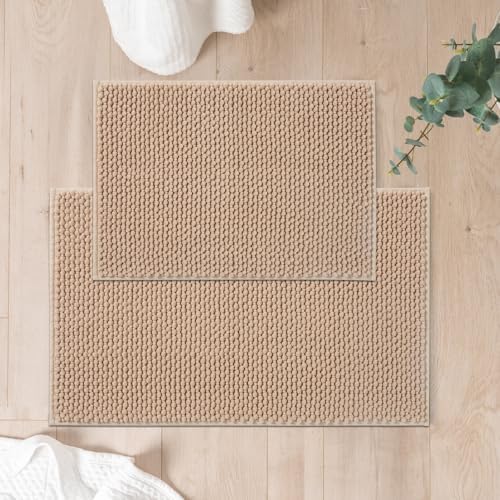 FRESHMINT Chenille Bath Rugs Set 2 Pieces, Beige, 17''x24''+20''x32''