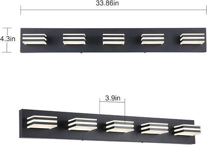 LED Wall Black Vanity Lights for Bathroom Light Fixtures 30W Adjust 3 Colors Modern Bath Lighing Over Mirror Acrylic Heads LED Vanity Light (5-Light,34inch)