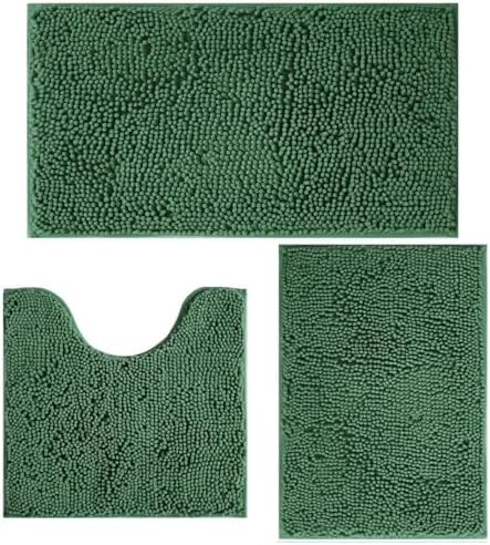 Bathroom Rugs Sets 3 Piece Non Slip,Bath Rugs with PVC Backing Bath Carpet,Bathroom Rug Washable,Absorbent,Plush Carpet Mats,Bath Mats for Bedroom, Kitchen,Tub,Home Decor Dark Green