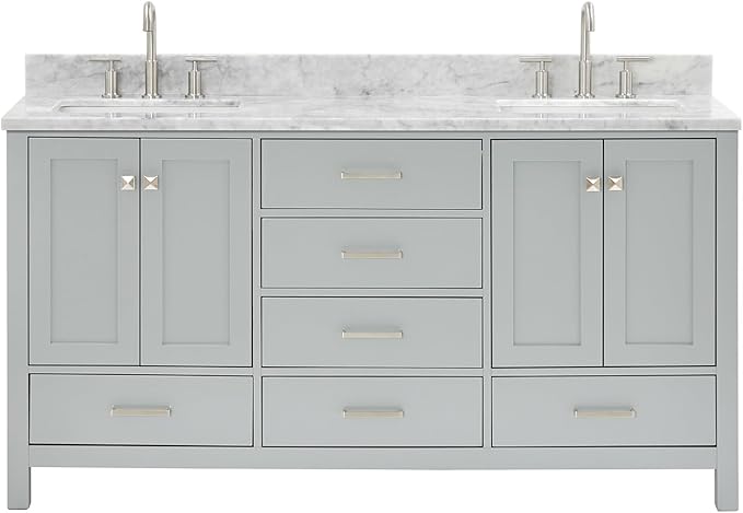 ARIEL Cambridge 66-inch Bathroom Vanity with Sink,Solid Wood, 0.75-inch Italian Carrara Marble Countertop, Double Rectangular Porcelain Sink, 4 Soft Closing Doors, 6 Dovetail Drawers, Grey