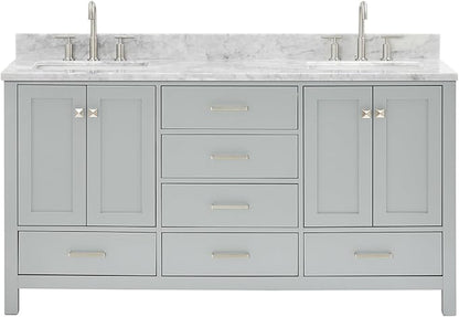 ARIEL Cambridge 66-inch Bathroom Vanity with Sink,Solid Wood, 0.75-inch Italian Carrara Marble Countertop, Double Rectangular Porcelain Sink, 4 Soft Closing Doors, 6 Dovetail Drawers, Grey