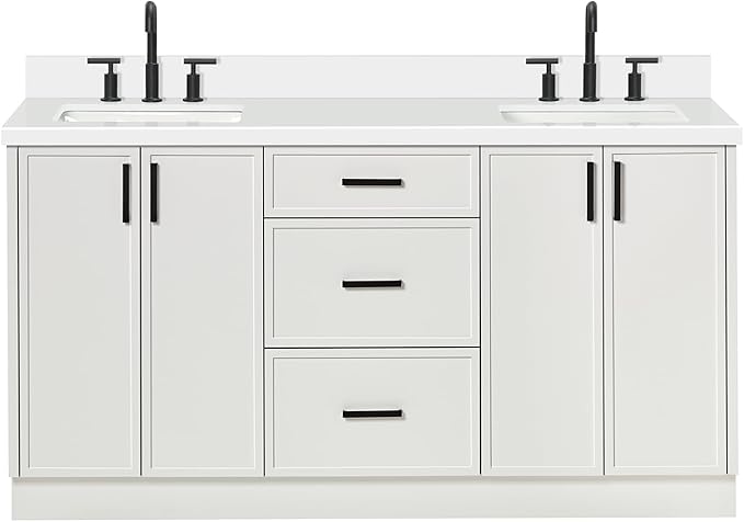 ARIEL Kelly 66-inch Bathroom Vanity with Sink,Solid Wood, 1.5-inch Pure White Quartz Countertop & Backsplash, Double Rectangular Porcelain Sink, 4 Soft Closing Doors, 5 Dovetail Drawers, White