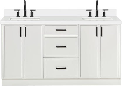 ARIEL Kelly 66-inch Bathroom Vanity with Sink,Solid Wood, 1.5-inch Pure White Quartz Countertop & Backsplash, Double Rectangular Porcelain Sink, 4 Soft Closing Doors, 5 Dovetail Drawers, White