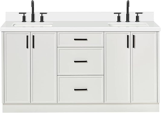 ARIEL Kelly 66-inch Bathroom Vanity with Sink,Solid Wood, 1.5-inch Pure White Quartz Countertop & Backsplash, Double Rectangular Porcelain Sink, 4 Soft Closing Doors, 5 Dovetail Drawers, White
