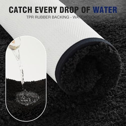 TECHMILLY U Shaped Super Soft Shaggy Bathroom Rugs, Absorbent Thick Non Slip Microfiber Toilet Rugs, Quick Dry Machine Washable Bath Mat for Bathroom Floor, Bathtub and Shower 24"x20" Black