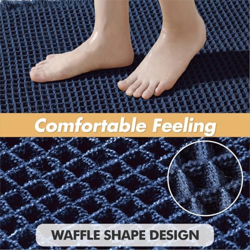 MIULEE Set of 2 Waffle Bathroom Rugs Navy Blue Bath Mat 17"x24"+17"x48"