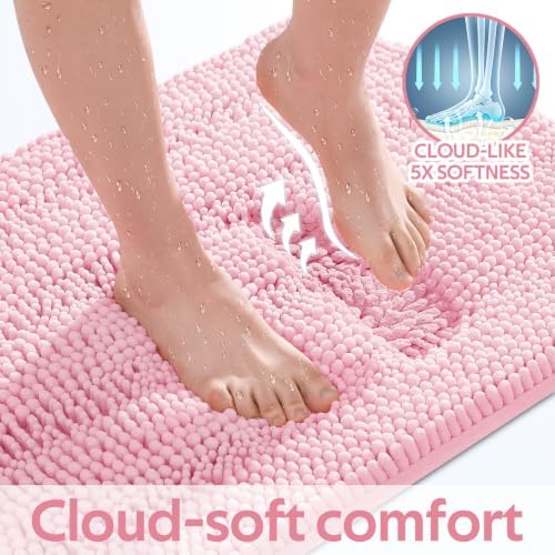 ACCUMTEK Christmas Striped Pink Bathroom Rug Mat Set 2 piece 24"x17"+48"x20" Ultra Soft, Non Slip Chenille Bath Rugs, Absorbent Plush Shaggy Bath Mats for Bathroom, Bedroom, Kitchen, Shower, Tub