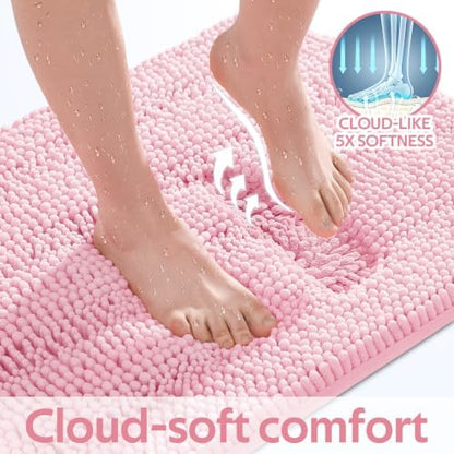 ACCUMTEK Christmas Striped Pink Bathroom Rug Set 3 Pieces Ultra Soft, Non Slip Chenille Toilet Mat, Absorbent Plush Shaggy Bath Mats for Bathroom, Bedroom, Kitchen