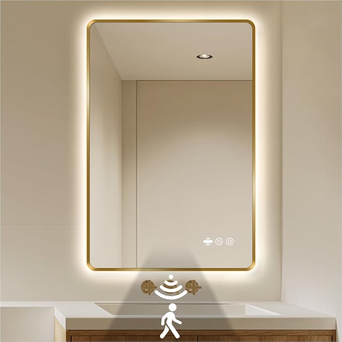 24" x 32" Gold LED Bathroom Mirror with Lights - Motion Sensor | Smart Mirror Bathroom, Anti-Fog, Stepless Dimmable & 3 Color Temperatures, UL-Listed LED Backlit Mirror, Tempered Glass