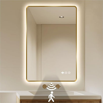 24" x 32" Gold LED Bathroom Mirror with Lights - Motion Sensor | Smart Mirror Bathroom, Anti-Fog, Stepless Dimmable & 3 Color Temperatures, UL-Listed LED Backlit Mirror, Tempered Glass