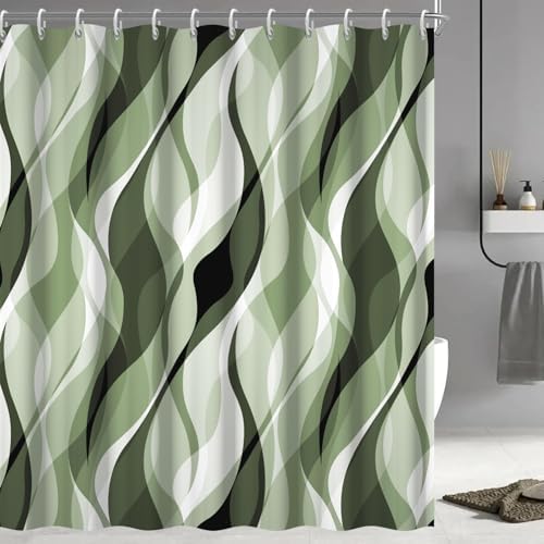 Green Striped Shower Curtain Extra Wide 108x72 inch 18 Hooks