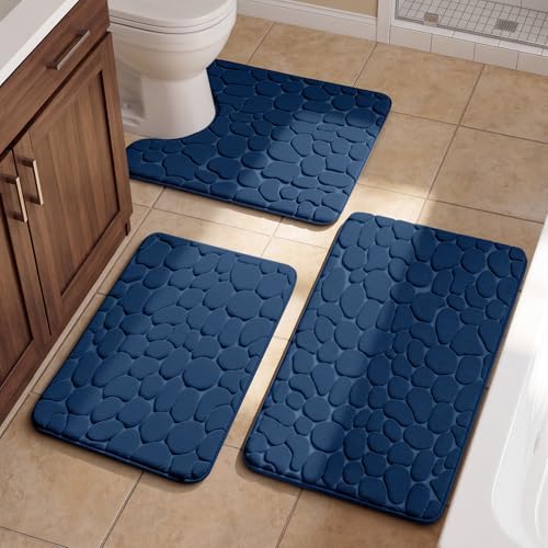 YIHOUSE Bathroom Rugs Mat Set, Memory Foam Bath Mat 3 Piece Navy Blue