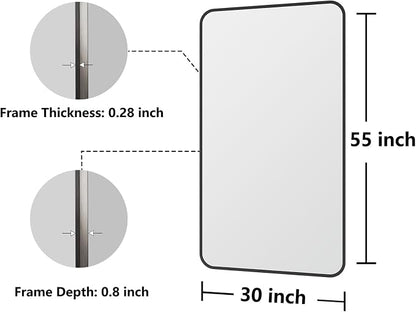 Koonmi Bathroom Mirror, 30X55 Inch Black Metal Framed Mirror for Bathroom, Tempered Glass, Anti-Rust, Rounded Rectangle Mirror for Restroom, Bedroom, Black