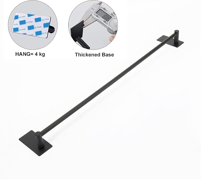 NearMoon Self Adhesive Bathroom Towel Bar- Stainless Steel Bath Wall Shelf Rack Hanging Towel Stick On Sticky Hanger Contemporary Style, NO Drilling (1 Pack, Matte Black, 27-Inch Towel Rack)