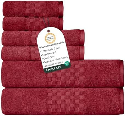 Feather & Stitch 100% Cotton 625 GSM Bath Towel Set of 6, Ultra Soft Highly Absorbent 2 Bath Towels, 2 Hand Towels & 2 Washcloth - Luxury Quick Dry Shower Towels (Wine Red)