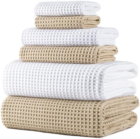 POLYTE 430 GSM Poly Blend Microfiber Quick Dry Waffle Bath Towel Set of 6