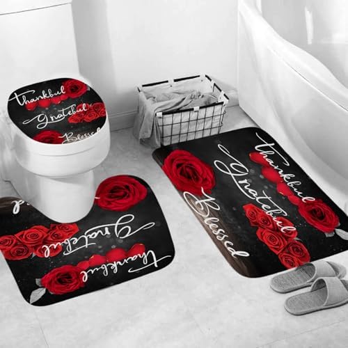 Onalasyc 4Pcs Red Rose Floral Shower Curtain with Rugs Set