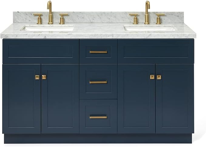ARIEL Hamlet 60-inch Bathroom Vanity with Sink,Solid Wood, 1.5-inch Italian Carrara Marble Countertop, Double Rectangular Porcelain Sink, 4 Soft Closing Doors, 3 Dovetail Drawers, Midnight Blue