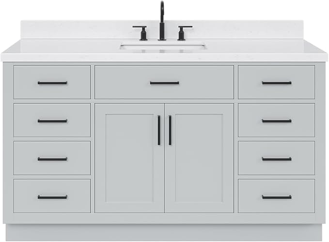 ARIEL Hepburn 60-inch Bathroom Vanity with Sink,Solid Wood, 1.5-inch Carrara White Quartz Countertop & Backsplash, Single Rectangular Porcelain Sink, 2 Soft Closing Doors, 9 Dovetail Drawers, Grey