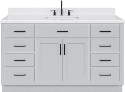 ARIEL Hepburn 60-inch Bathroom Vanity with Sink,Solid Wood, 1.5-inch Carrara White Quartz Countertop & Backsplash, Single Rectangular Porcelain Sink, 2 Soft Closing Doors, 9 Dovetail Drawers, Grey