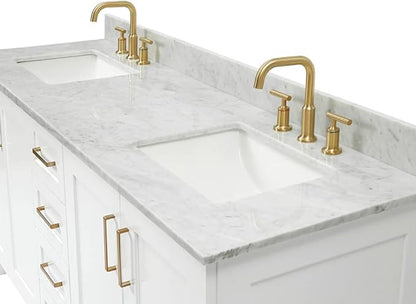 ARIEL Taylor 72-inch Bathroom Vanity with Sink,Solid Wood, 0.75-inch Italian Carrara Marble Countertop, Double Rectangular Porcelain Sink, 4 Soft Closing Doors, 6 Dovetail Drawers, White