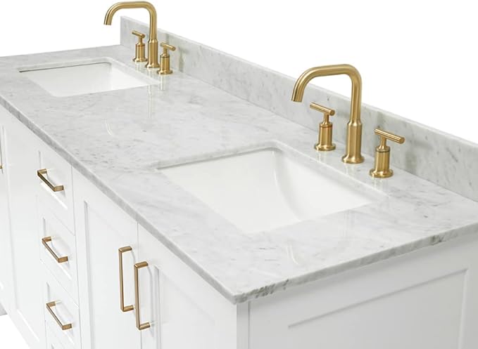 ARIEL Taylor 72-inch Bathroom Vanity with Sink,Solid Wood, 0.75-inch Italian Carrara Marble Countertop, Double Rectangular Porcelain Sink, 4 Soft Closing Doors, 6 Dovetail Drawers, White