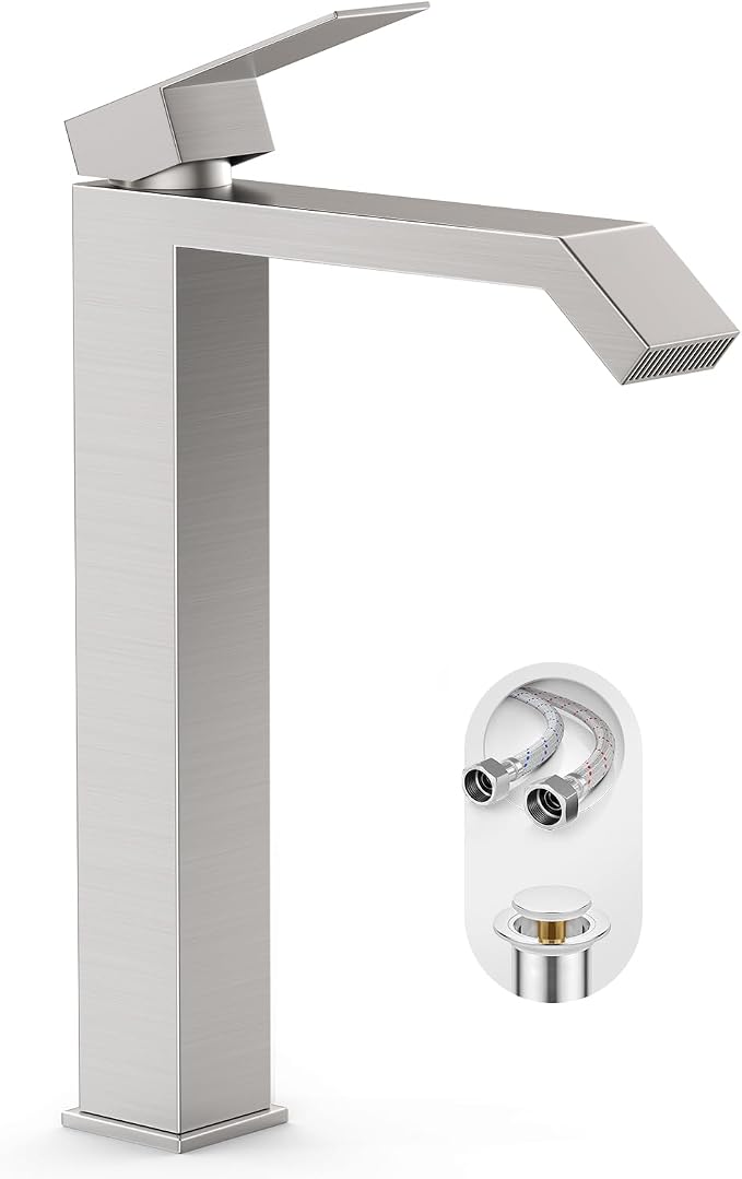 Brushed Nickle Single Hole Tall Above Counter Sink Bathroom Faucet,Single Handle Bathroom Vessel Faucet with Waterfall and Pop Up Drain Without Overflow,FH05-BN-V-VINE