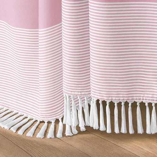 Pink Boho Cotton Striped Shower Curtain with Tassel 72" W X 72" L