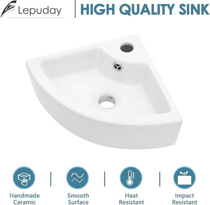 18"x 13" Wall Mount Corner Bathroom Sink White Porcelain Small Vessel Sink | Triangle Floating Wash Hand Basin Small White Porcelain Ceramic Floating Vessel Vanity Sink Wall Hung Bathroom Sink