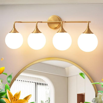 Brushed Gold Bathroom Light Fixtures Over Mirror Vanity 4-Light | Mid Century Modern Brushed Gold Wall Sconce with Milky White Glass Ball Shades for for Bathroom Dressing Table Bedroom