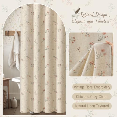 Floral Farmhouse Vintage Linen Shower Curtain Embroidered Textured 72Wx72H