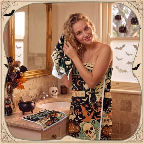 Moukeren Set of 3 Halloween Bath Towels, Gothic Skeleton Bathroom Decor