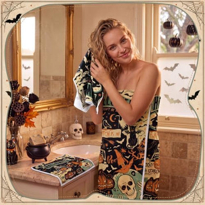 Moukeren Set of 3 Halloween Bath Towels, Gothic Skeleton Bathroom Decor
