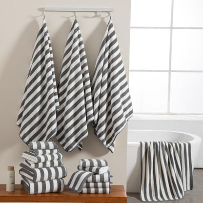 18 Pcs Gray Stripe Bath Towel Set with Hanging Loop-6 Bath Towels,6 Hand Towels,6 Washcloths Soft Family Towels Set Bathroom Towel Highly Absorbent Quick Dry Shower Towel for Beach Chair Spa Gym Hotel