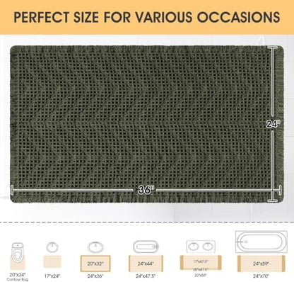 Waffle Bath Mat, Boho Woven Modern Bath Rug Absorbent Non Slip, Ultra Soft Bathroom Mats, Machine Washable Knit Bath Rugs with Herringbones for Bathroom, Bedroom, Kitchen, Shower, 36"x24", Dark Green