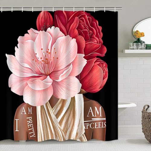 4 Pcs Black Girl Shower Curtain Sets African American Woman Red Rose Floral Quotes Non-Slip Rugs Bath Mat Toilet Cover U Shaped Mat Shower Curtain with 12 Hooks Bathroom Set