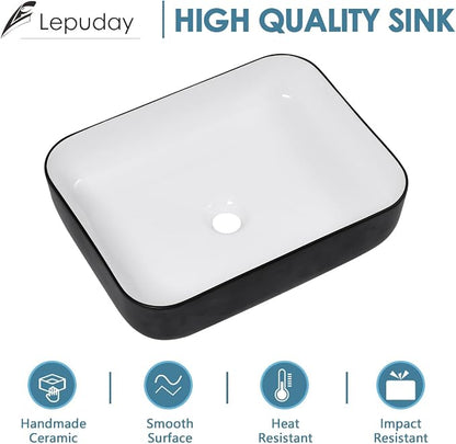 Ceramic Bathroom Sink Black and White 16" x 12" Above Counter Vessel Sink | Modern White Porcelain Ceramic Above Counter Vanity Sink Art Basin Rectangular Countertop Bathroom Vessel Sinks