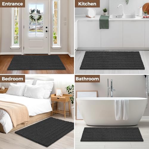 Bcoimo Bath Rug Mat, 48x30 Chenille Non Slip Black Long Bathroom Runner Rug
