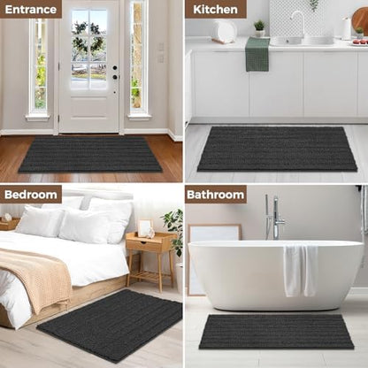 Bcoimo Bath Rug Mat, 48x30 Chenille Non Slip Black Long Bathroom Runner Rug