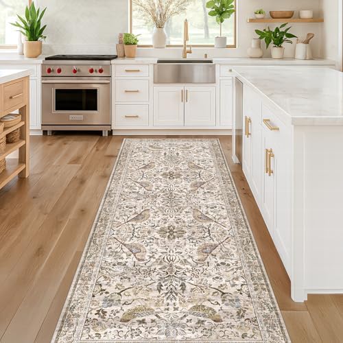 Hazo Haus Boho 2x7 Long Bathroom Runner Rug - Vintage Moss Floral Runner Rug for Kitchen Floor, Hallway, Laundry Room, Bedroom, Entrance, Washable Non Slip Low Pile