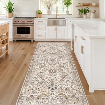 Hazo Haus Boho 2x7 Long Bathroom Runner Rug - Vintage Moss Floral Runner Rug for Kitchen Floor, Hallway, Laundry Room, Bedroom, Entrance, Washable Non Slip Low Pile