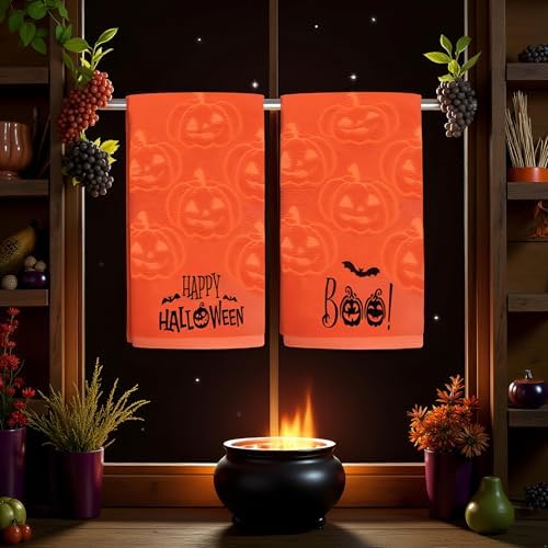 2 Pack Halloween Hand Towels 100% Cotton Jacquard Ghost Halloween Kitchen Towels White Bathroom Towels Set Seasonal Bathroom Decor (Yellow Pumpkin, Halloween)