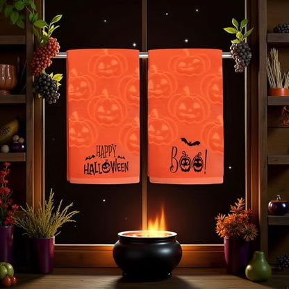 2 Pack Halloween Hand Towels 100% Cotton Jacquard Ghost Halloween Kitchen Towels White Bathroom Towels Set Seasonal Bathroom Decor (Yellow Pumpkin, Halloween)