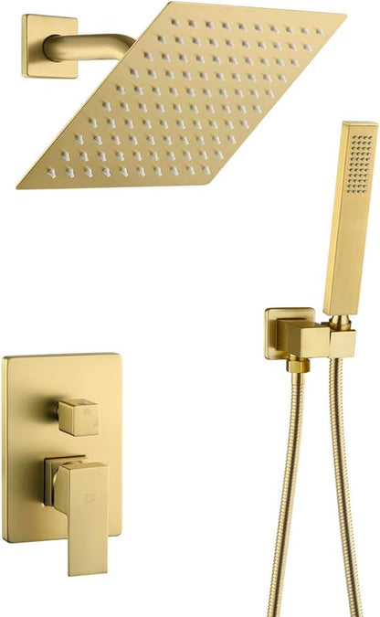 Brushed Gold Shower Faucet Set Complete Bathroom Rainfall Shower Fixture Wall Mounted 8 Inch Shower Head System and Handle Set with Rough-in Valve Body and Trim Kit